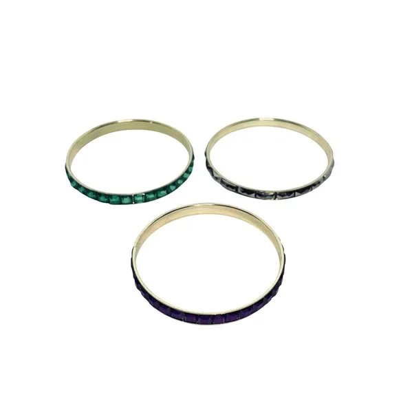 Vintage Lot Of 3 Gold Tone Bangle Bracelets - Green, Purple And Gray (6209) - Picture 3 of 5